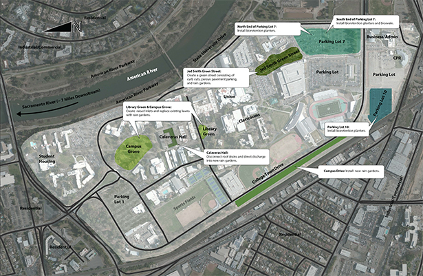 Campus layout with Low Impact Development sites